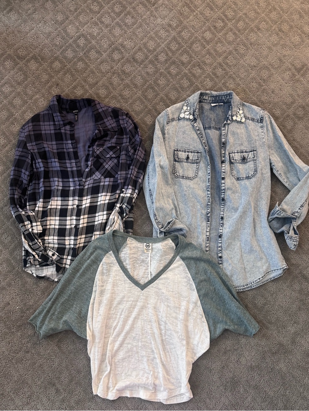 Bundle - Women’s Casual Button Down embellished plaid Shirts and burnout top